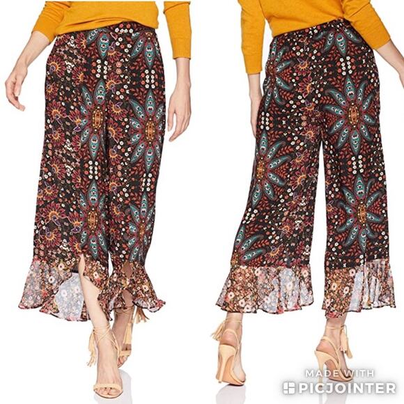 BCBG Ruffle Hem Culotte Pants Floral Boho Hippie XS - Picture 1 of 10